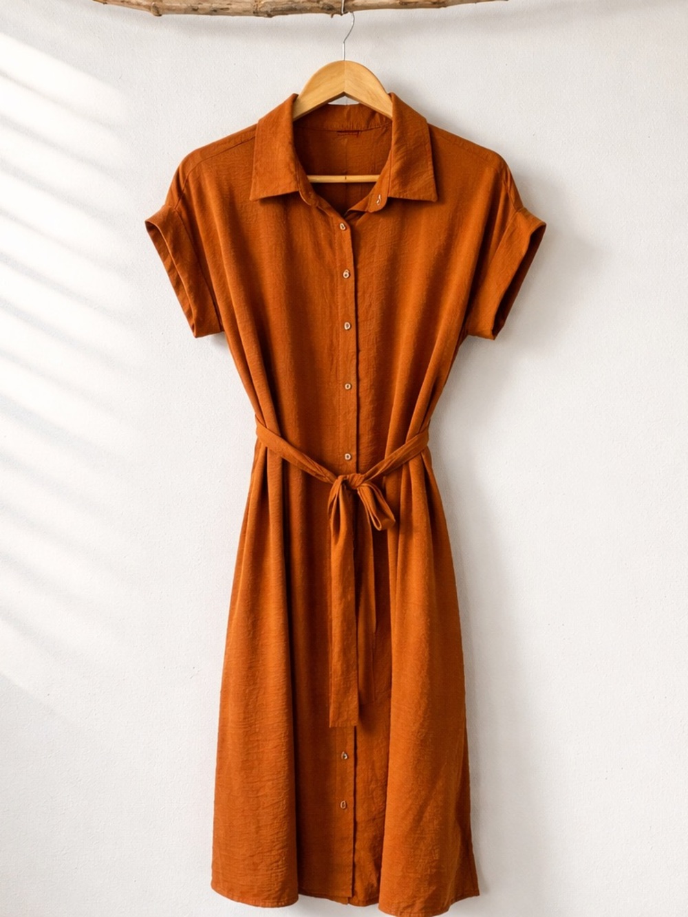 Ophelia Roe Rust Button-Front Midi Dress with Self-Tie Waist